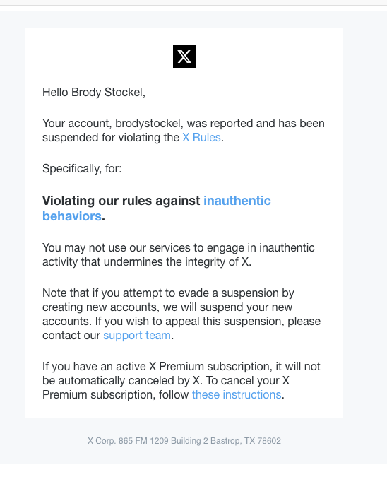 twitter emailed me saying ive been banned, lmao.